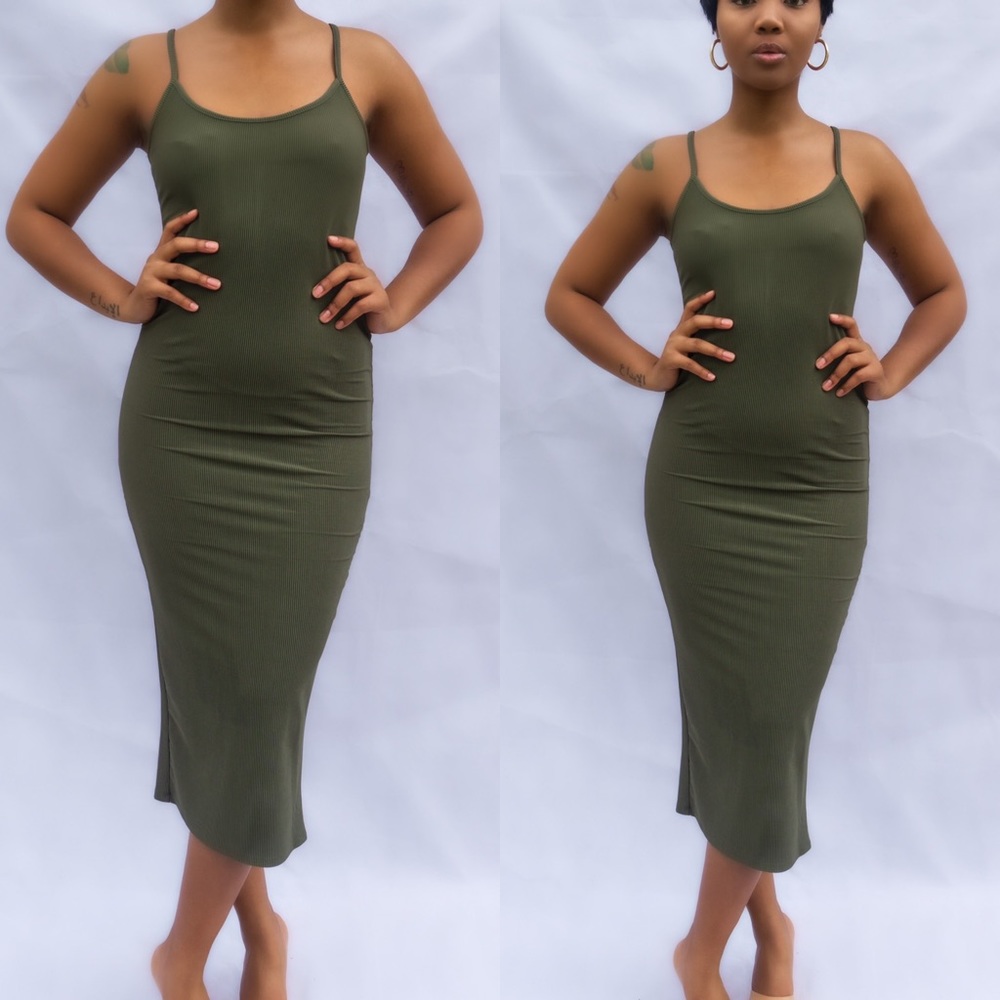 Heart and Hips Womens Dress Size Small Olive Green Ribbed Midi Bodycon